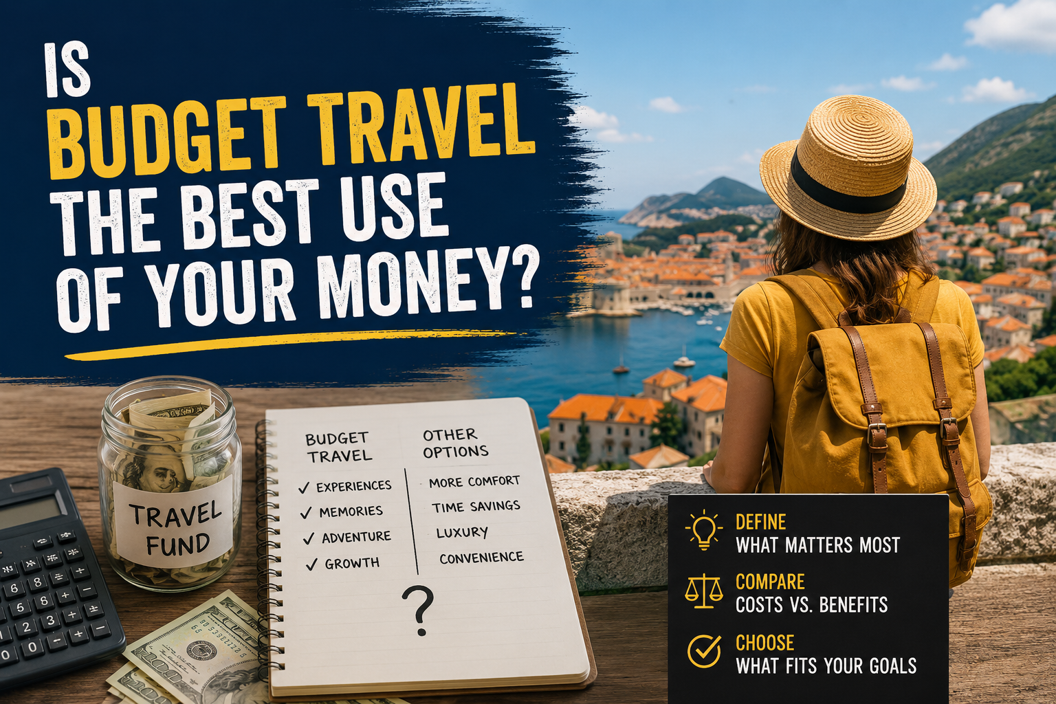 "Budget traveler comparing travel expenses while planning an affordable vacation to maximize value and experiences."